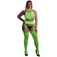 Ouch! Glow in The Dark Neongrønn Crop Top med Strømper Plus Size