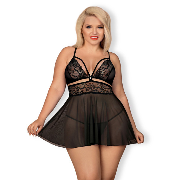 Obsessive Svart Babydoll Sett Plus Size Produktbilde på modell 1