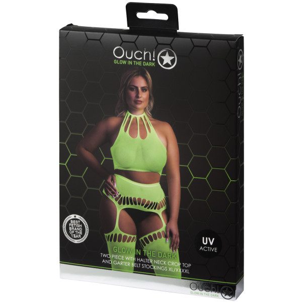 Ouch! Glow in The Dark Neongrønn Crop Top med Strømper Plus Size Emballasjebilde 90